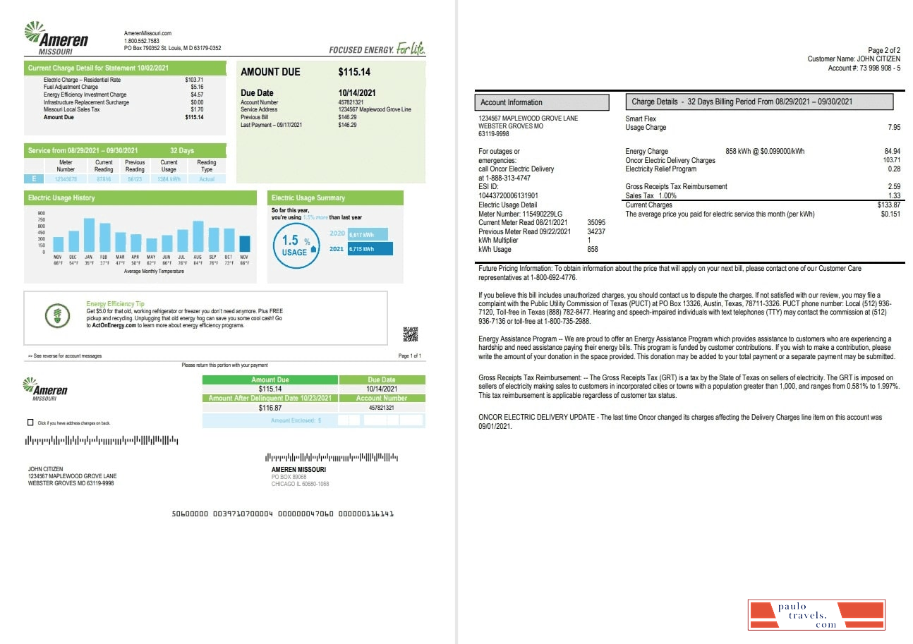 USA Ameren Missouri electricity utility bill template in Word and PDF format (2 pages)